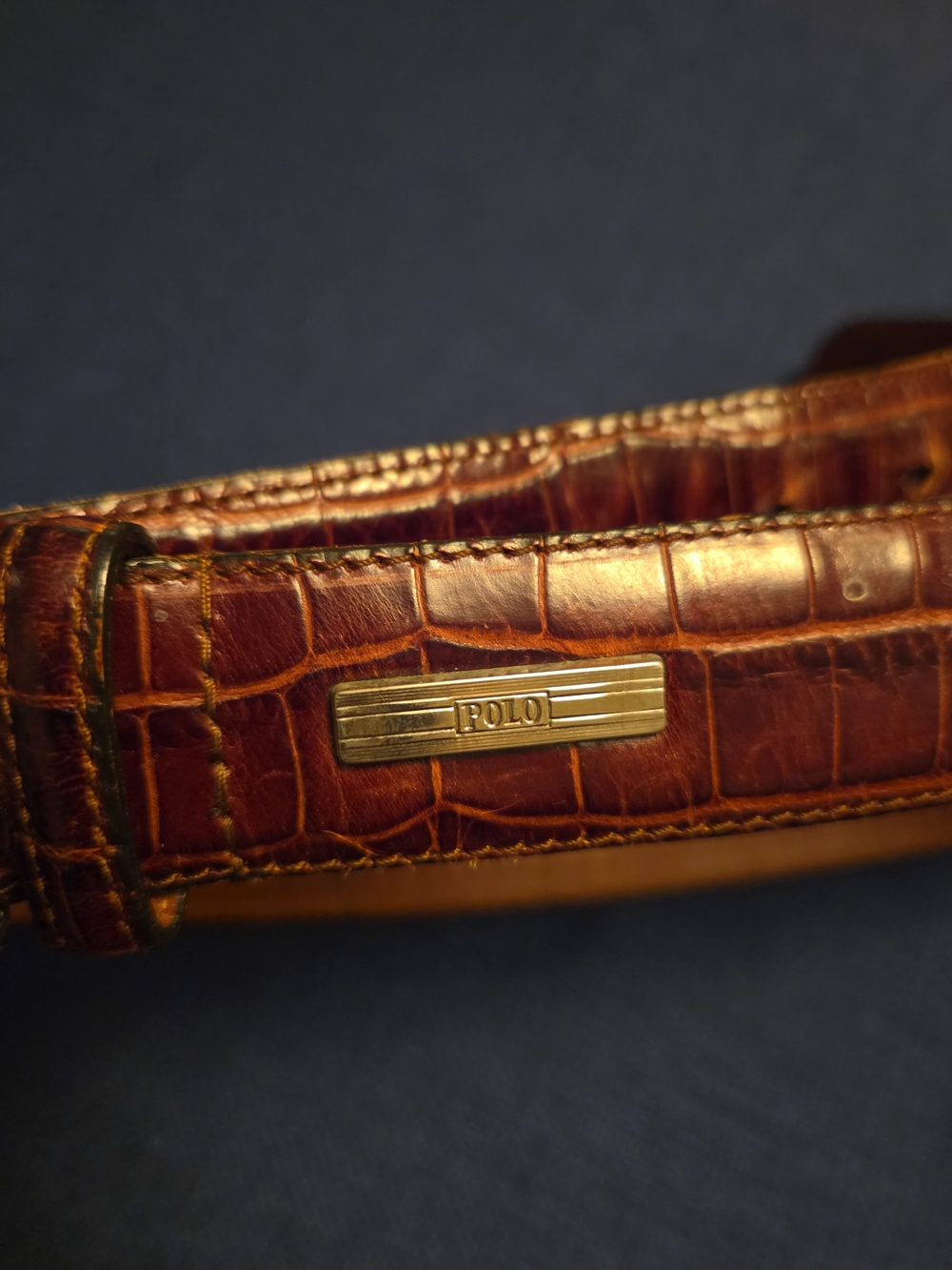 Polo Ralph Lauren Made in USA Brown Embossed Croc Leather Belt Size 32